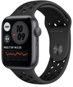 Chytré hodinky Apple Watch Nike SE (MYYF2HC/A, Retina displej stále zapnutý EKG monitorování tepu srdeční činnosti hudební přehrávač volání notifikace NFC platby Apple Pay hluk App Store