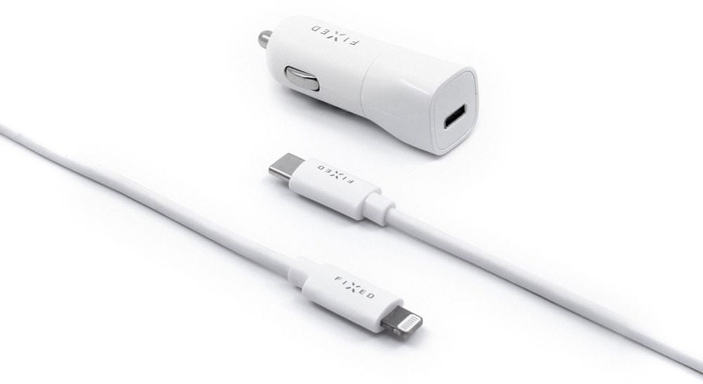 FIXED Set autonabíječky s USB-C výstupem a USB-C/Lightning kabelu FIXCC18-CL-WH