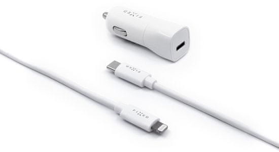 FIXED Set autonabíječky s USB-C výstupem a USB-C/Lightning kabelu FIXCC18-CL-WH