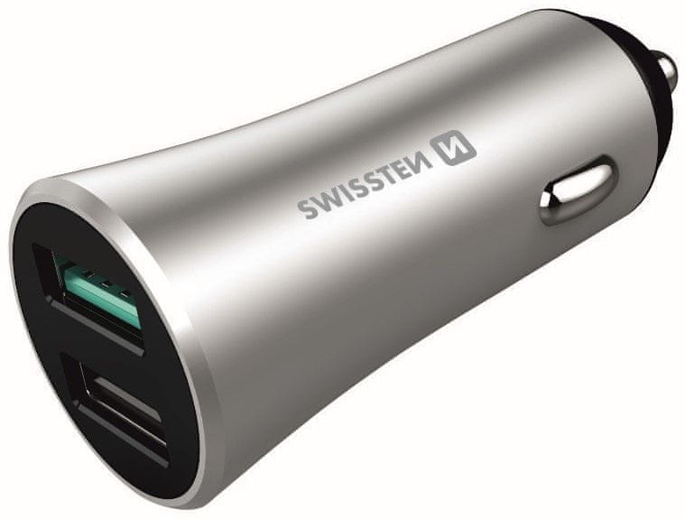 SWISSTEN CL adaptér Quick Charge 3.0 + USB 2,4 A 30 W Metal 20111630, stříbrný