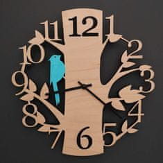 AMADEA Dřevěné hodiny nástěnné ve tvaru stromu s modrým ptáčkem, masivní dřevo, průměr 30 cm
