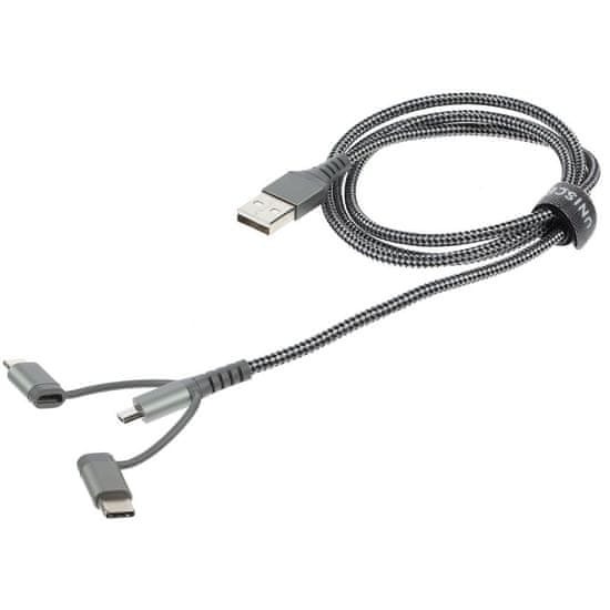 HardCord Extra silný nabíjecí kabel 3v1, tažná síla 70kg, Lightning, Micro USB, USB-C