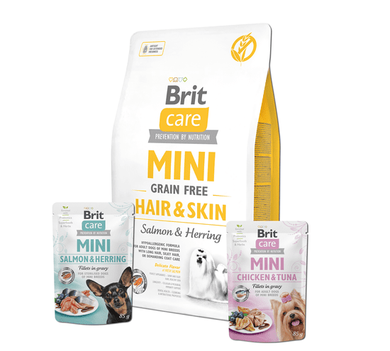 Brit Care Mini Grain Free Hair & Skin 2 kg + 2x pouch 85g