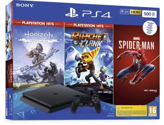 Sony PlayStation 4 Slim - 500GB, černá + Spider-Man + Horizon Zero Dawn + Ratchet & Clank (PS719391708) - zánovní