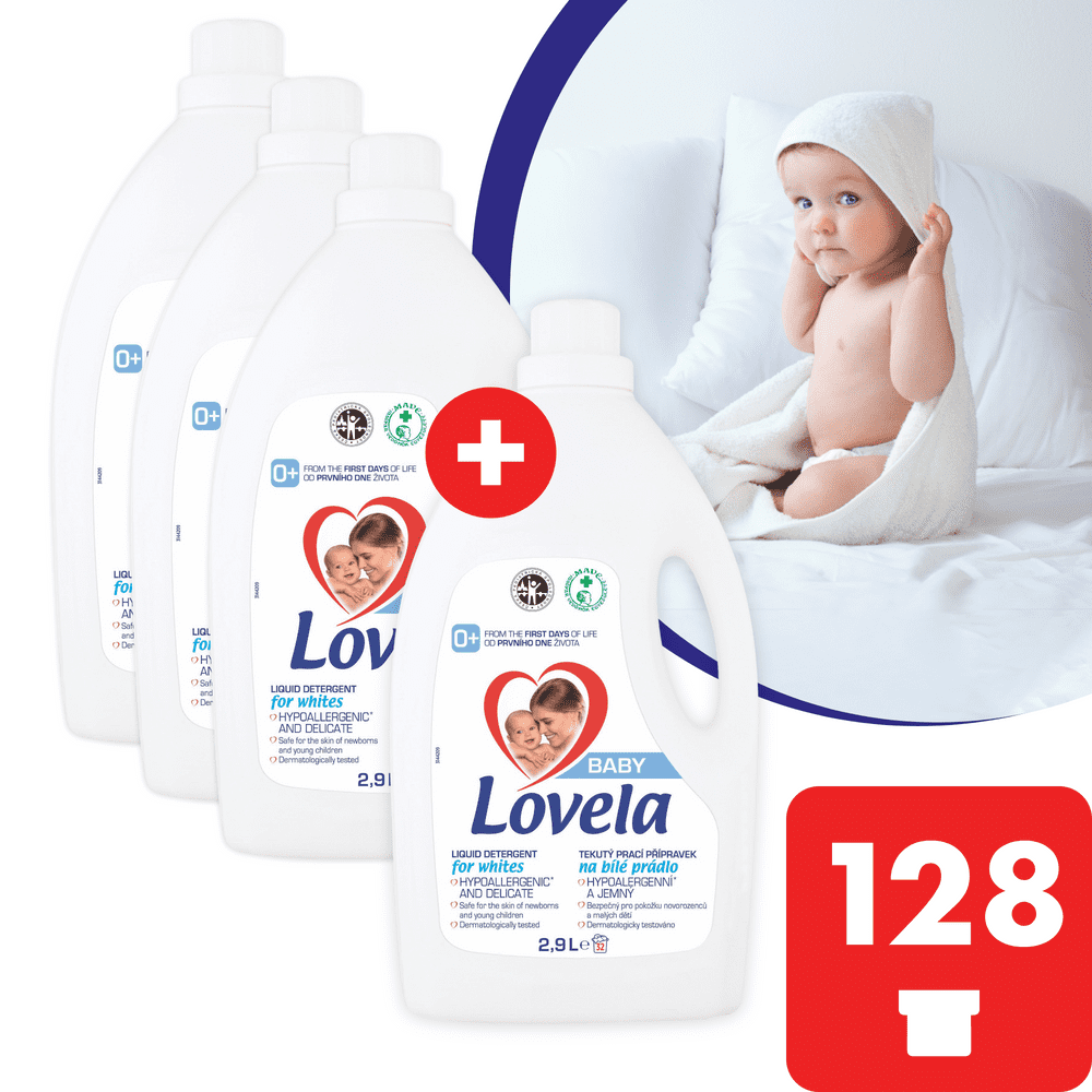 Lovela Baby tekutý prací přípravek na bílé prádlo 11,6 l / 128 pracích dávek (3+1 zdarma)
