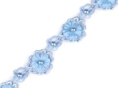 Kraftika 1m 2 modrá pomněnková krajka 3d květ s perlou šíře 30mm
