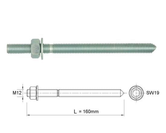 Rawlplug Závitová tyč pro chemickou kotvu M12x160 -1ks