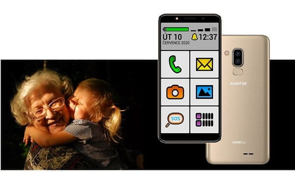 smartphone pro seniory aligator s6000 senior wifi 3g Bluetooth gps fm rádio dual sim paměťové karty rom 16 gb ram 1 gb 4jádrový procesor 6palcový qhd displej zadní fotoaparát 13 mpx přední kamera 5 mpx android 8.1  baterie 2800 mah