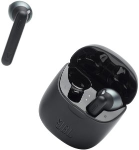 moderní Bluetooth sluchátka jbl tune 225tws silný basový základ jbl pure bass bezdrátová tws 5h výdrž na nabití nabíjecí box pro 4 plná nabití mikrofony pro handsfree volání