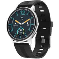 Printwell Chytré hodinky v češtině, PW-103, Bluetooth 5.0, elegantní smart watch s krokoměrem, oxymetrem, měřením tepu, tlaku, stříbrné s černým páskem
