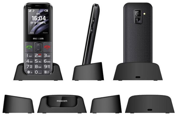 Maxcom MM730, mobil pro seniory, velká tlačítka, SOS tlačítko, fotokontakty, jednoduché ovládání, nabíjecí stojánek