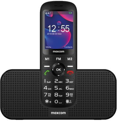 Maxcom MM740, mobil pro seniory, velká tlačítka, SOS tlačítko, fotokontakty, jednoduché ovládání, nabíjecí stojánek