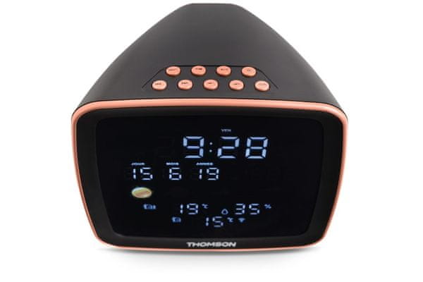 moderný Bluetooth rádiobudík thomson ct500bt s meteostanicou meranie teploty vlhkosti reproduktor s výkonom 15 w veľký stmievateľný led displej kalendár duálny alarm