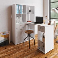 ATAN Rohový PC stůl MINESON s regálem - bílá/beton