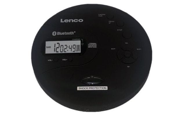 discman pro přehrávání cd disků lenco cd-300 bluetooth lcd displej podpora mp3 drátová sluchátka v balení usb napájení nimh baterie funkce opakování náhodné přehrávání funkce paměti ochrana proti otřesům