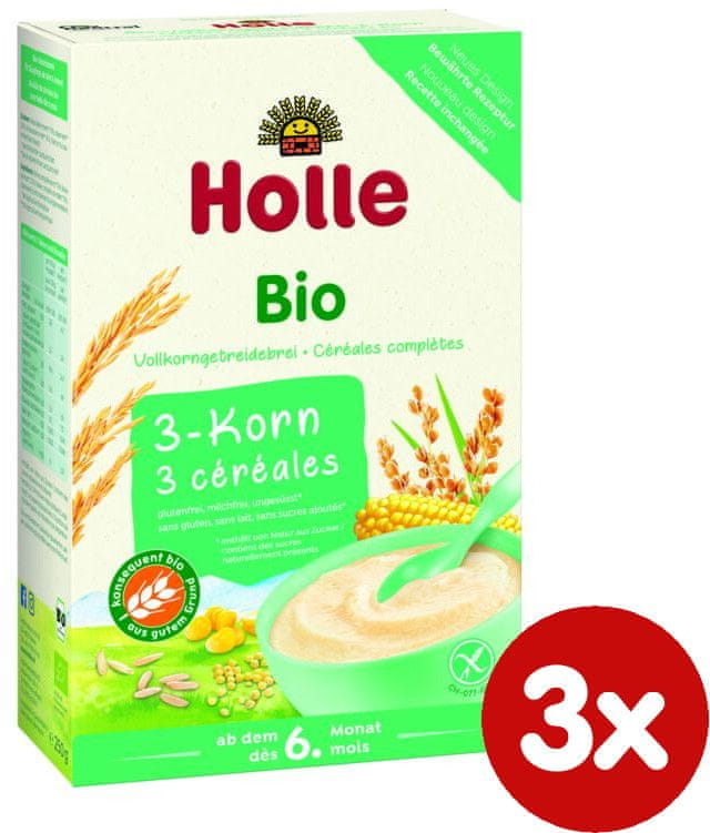 Holle Bio 3 druhy zrna, bezmléčná kaše - 3 x 250g