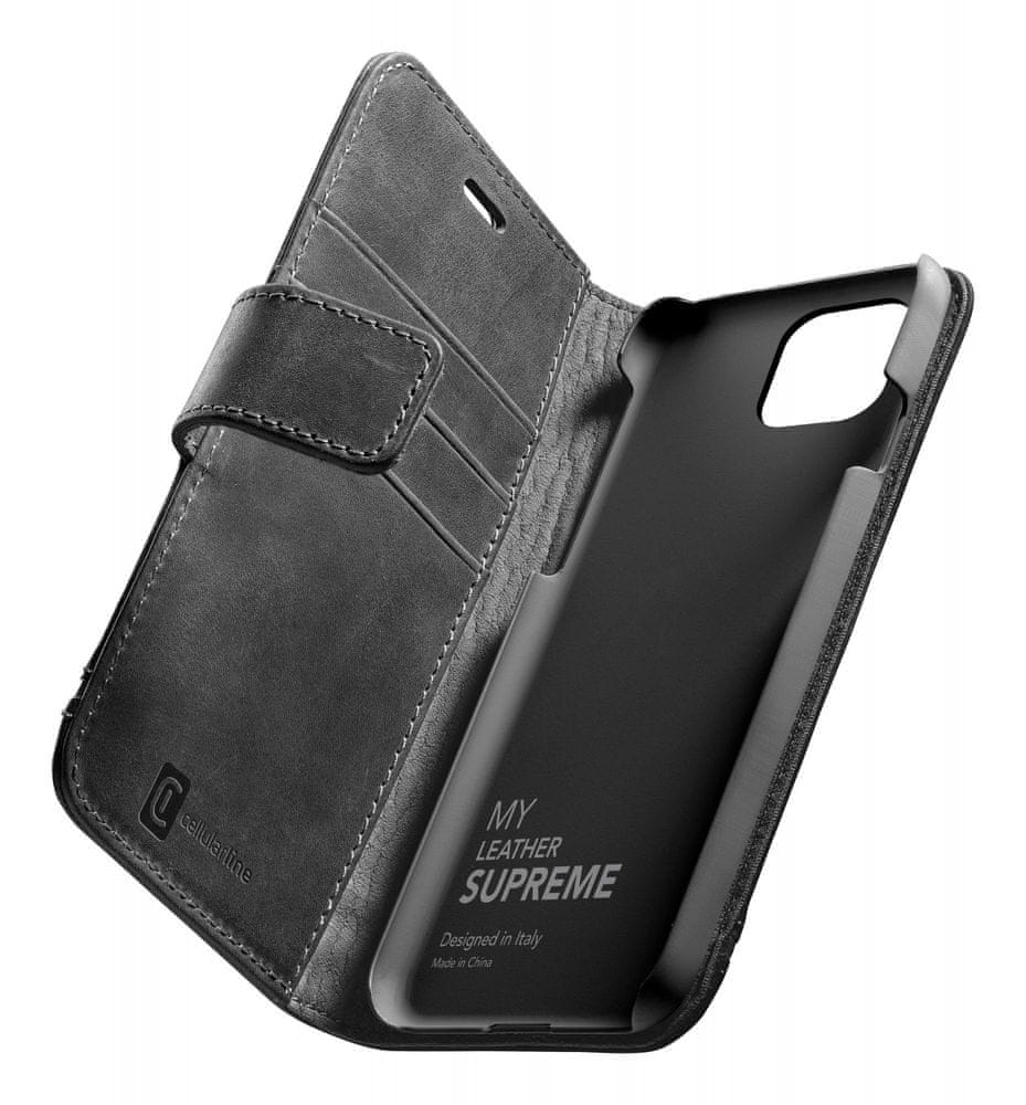 Levně CellularLine Prémiové kožené pouzdro typu kniha Supreme pro Apple iPhone 12 mini SUPREMECIPH12K, černé - rozbaleno