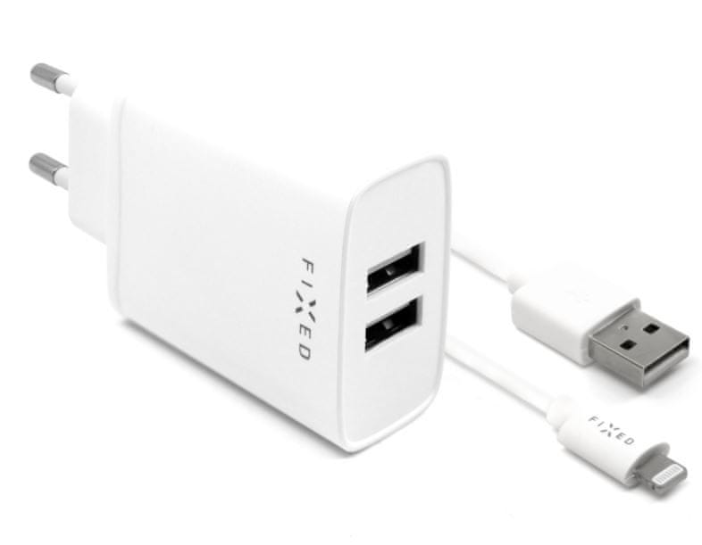 FIXED Set nabíječky s 2xUSB a USB/Lightning kabelu, 1m, MFI, 15W Smart Rapid Charge, bílá FIXC15-2UL-WH