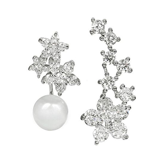 JwL Luxury Pearls Asymetrické náušnice - dvojitá náušnice s pravou bílou perlou a podélná náušnice se zirkony JL0260