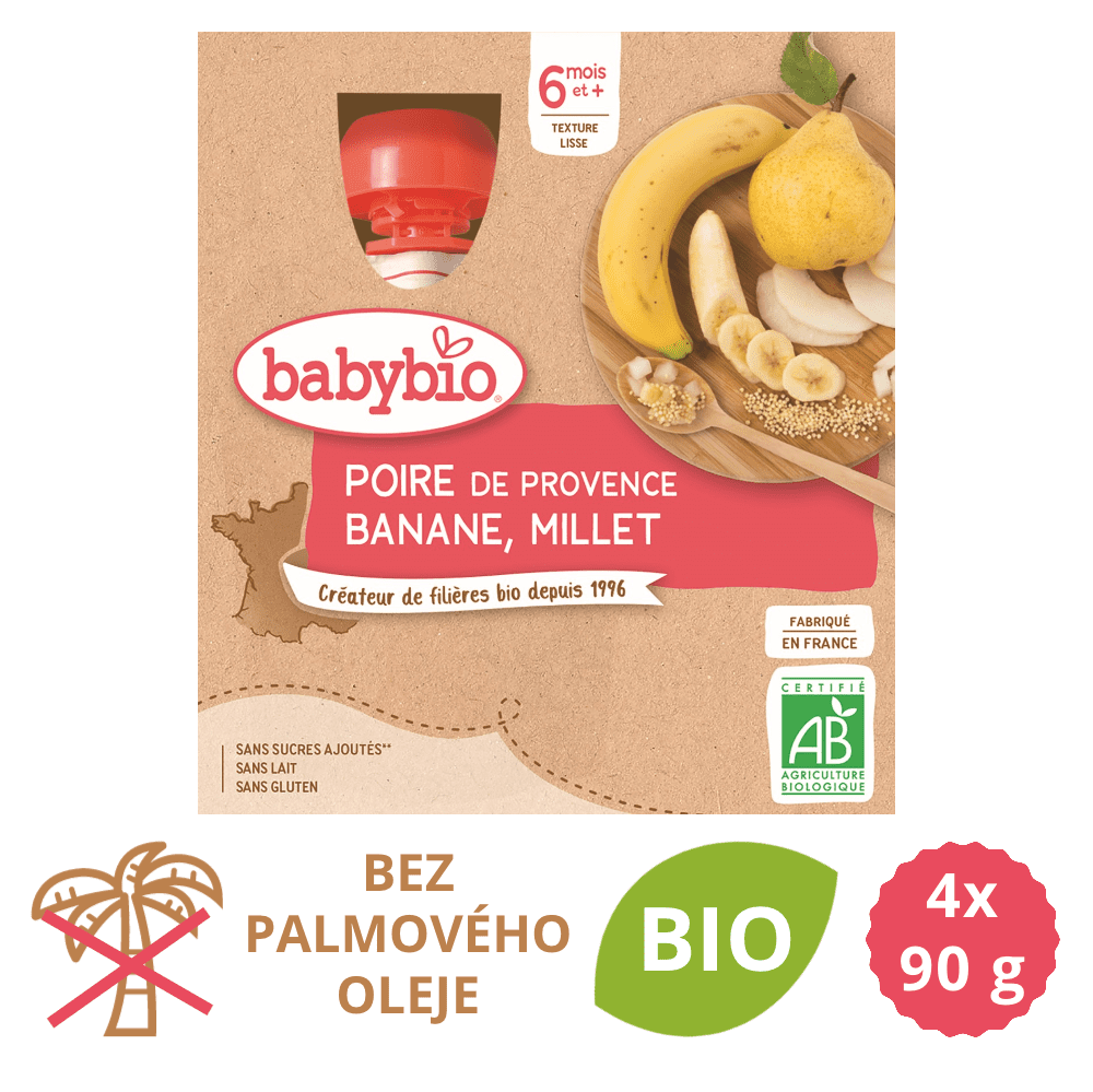 Levně Babybio Hruška, banán, proso 4x90 g
