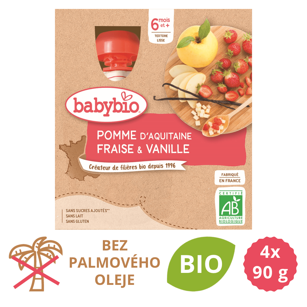 Levně Babybio Jablko, jahoda, vanilka 4x90 g