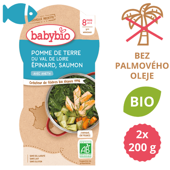 Babybio Brambory a špenát s lososem a rýží 2x200 g