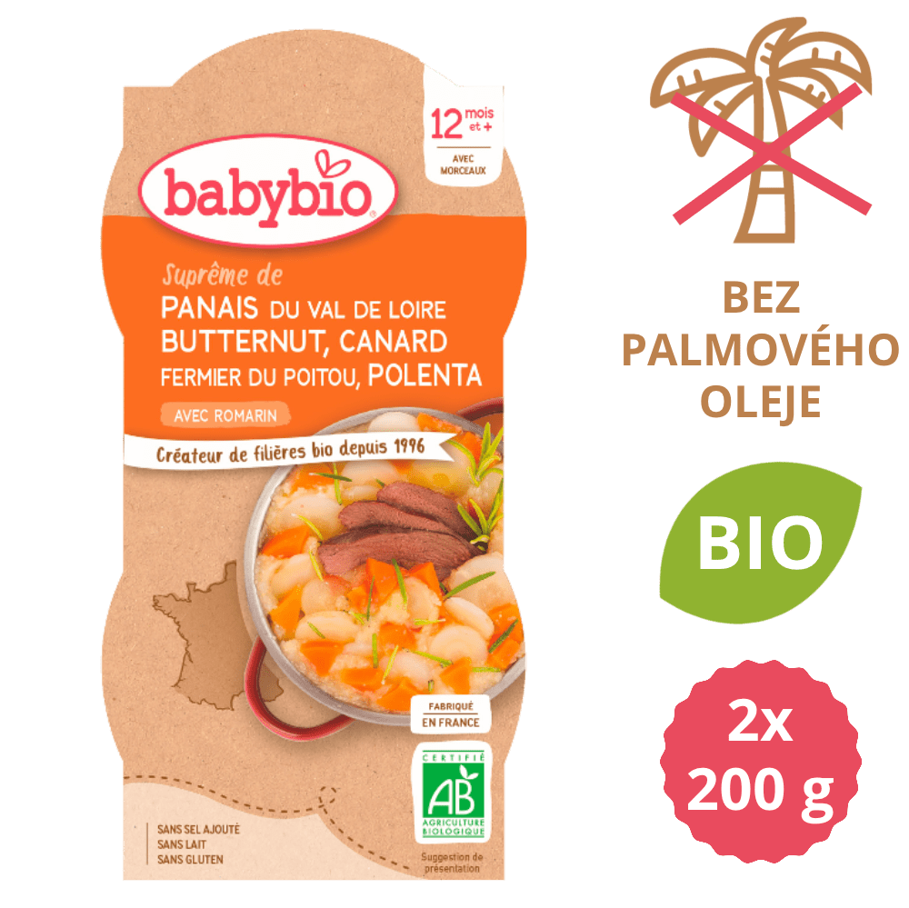 Babybio Pastinák s máslovou dýní, kachnou a polentou 2x200 g