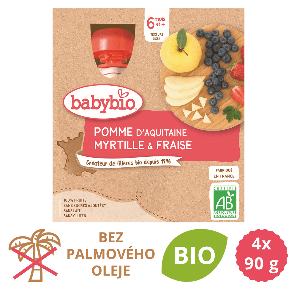 Levně Babybio Jablko, borůvky, jahody 4x90 g
