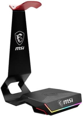Játék fejhallgató tartó MSI Immerse HS01 Combo (S98-0700020-CLA), alumínium acél, stabil talp, biztonságos tárolás, fekete, RGB, Qi töltő