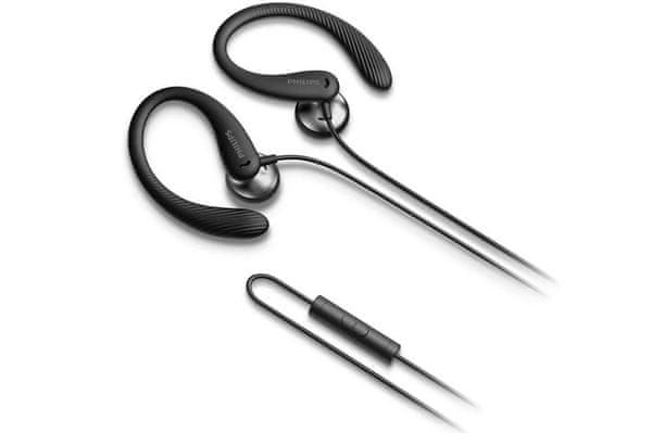 klasické káblové športové slúchadlá philips taa1105 IPX2 odolné potu háčiky za uši pre lepšiu fixáciu kábel v dĺžke 1,2 m 3,5 mm jack konektor handsdfree volanie vďaka mikrofónu štuple do uší