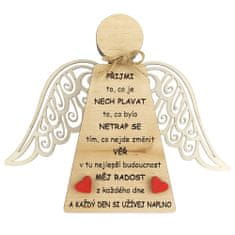 AMADEA Dřevěný anděl stojící s křídly a motivačním textem, masivní dřevo, 18 x 15 cm