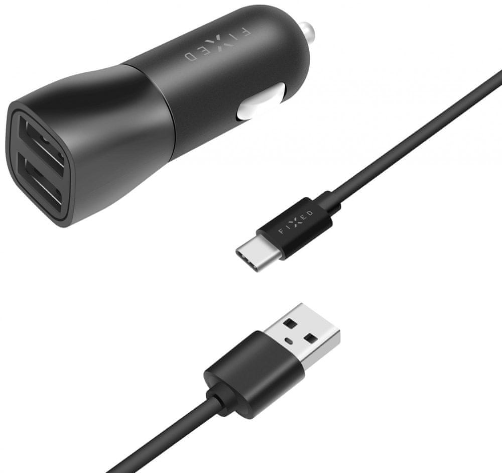 FIXED Set autonabíječky s 2× USB výstupem a USB/USB-C kabelu, 1 m, 15W Smart Rapid Charge FIXCC15-2UC-BK, černá
