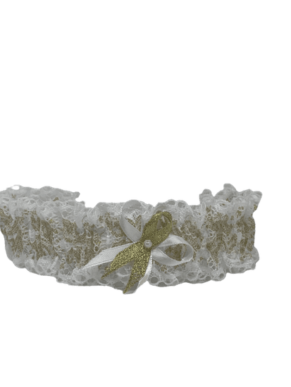 TYANO Svatební podvazek ekluzive úzký, bílo/zlatý, mašlička s perličkou (17)