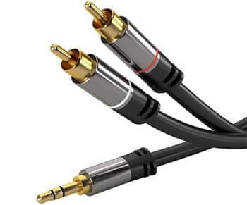 PremiumCord HQ stíněný kabel Stereo Jack 3,5 mm-2×CINCH Male/Male s kvalitními zastříknutými kovovými konektory 3 m kjqcin3