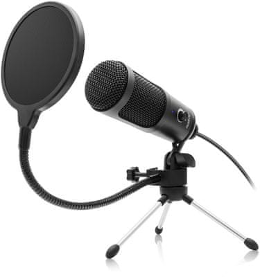 moderní stolní mikrofon niceboy voice kardioidní směrová charakteristika ovládání hlasitosti snadné připojení přes usb tripod stabilizační kondenzátorový mikrofon vhodný pro podcasty rozhovory youtubery streamování