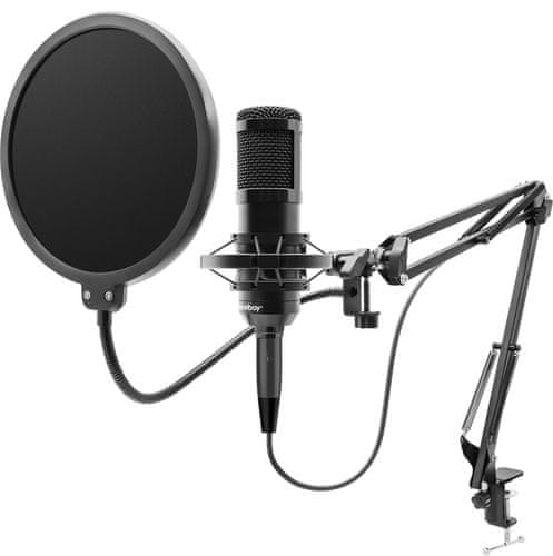 moderní stolní mikrofon niceboy VOICE Handle kardioidní směrová charakteristika ovládání hlasitosti snadné připojení přes usb nebo 3,5mm jack konektor otočný stojan s nastavitelným náklonem antivibrační držák kondenzátorový mikrofon vhodný pro podcasty rozhovory youtubery streamování