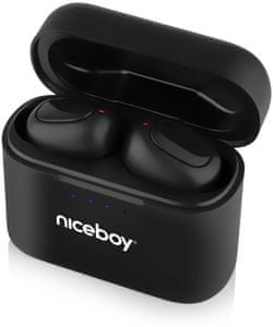 přenosná bezdrátová sluchátka niceboy hive podsie 2021 aac sbc maxxbass 8mm měniče až 35h provoz díky nabíjecímu boxu pohodlná v uších smart buttons ovládání mikrofon s redukcí okolního šumu provoz na 9,5 h ip54 krytí autopárování