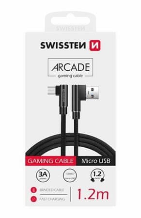 SWISSTEN Datový kabel Arcade USB-A - microUSB, M/M, 3A, zahnutý konektor 90°, opletený, 1,2 m 71527500, černý