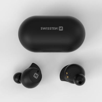 moderné slúchadlá swissten stonebuds s nabíjacím puzdrom pre 4 plné nabitie pohodlná vďaka ergonomickému tvarovaniu Bluetooth 5.0 technológia kvalitné meniče príjemne vyladený zvuk mikrofón pre handsfree hovory