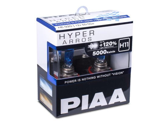 PIAA autožárovky Hyper Arros 5000K H11 - o 120 % vyšší svítivost, jasně bílé světlo o teplotě 5000K