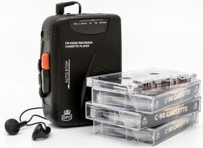 moderní walkma gpo retro casette walkman mikrofon pro hlasový záznam zabudovaný reproduktor 5 funkčních tlačítek fm rádio funkce automatického zastavení aa baterie sluchátka v balení