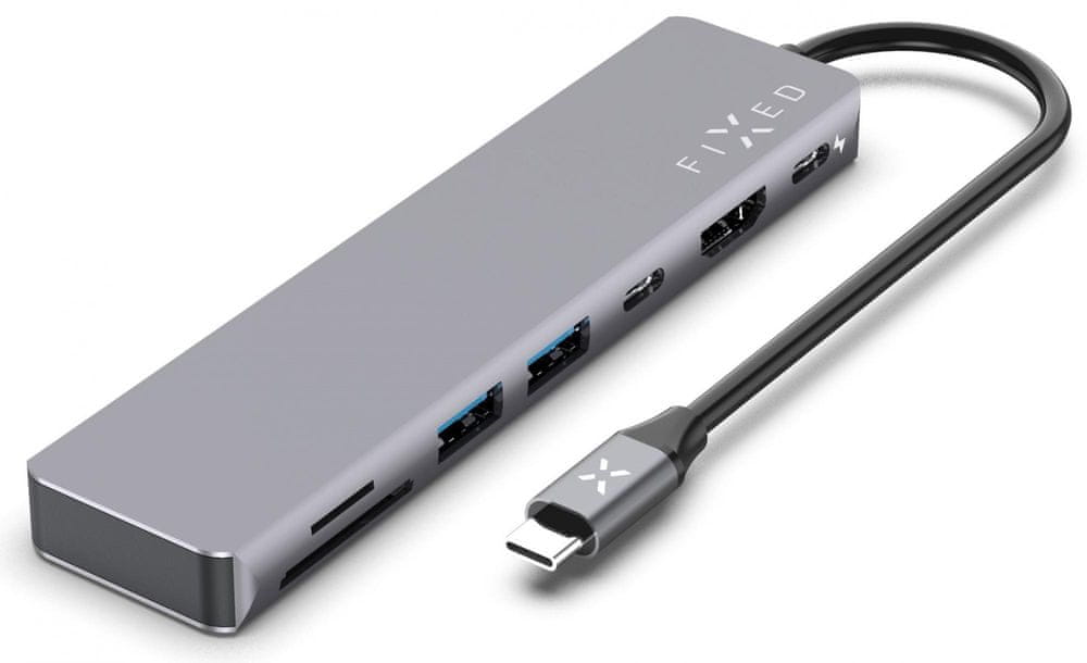 FIXED 7-portový hliníkový USB-C HUB Card pro notebooky a tablety FIXHU-CAD-GR, šedý