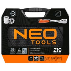 NEO Tools  Gola sada 219 ks, 1/2", 3/8", 1/4", CrV