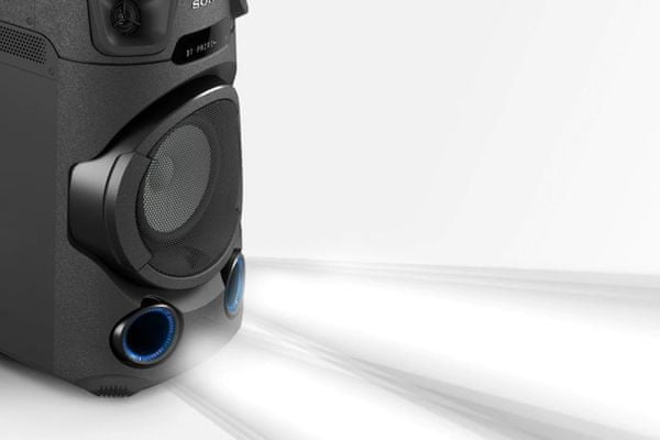 Bluetooth reproduktor na párty sony mhc-V13 rukoväť na reproduktore aux in usb nahrávanie aj prehrávanie fm tuner pre počúvanie rádia cd mechanika možnosť spárovania s viacerými reproduktormi ovládanie mobilnou aplikáciou karaoke zábava možnosť pripojenia gitary šírenie zvuku po celej miestnosti dva výkonné výškové reproduktory jet bass booster