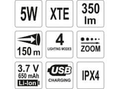 YATO Svítilna LED XT-E CREE 5W USB, 350 lm, Li-ion