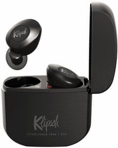 Bluetooth sluchátka outdoor klipsch t5 ii true wireless nabíjecí 360mah pouzdro 4 mikrofony podpora hlasových asistentů ip67 odolnost vodě i potu transparency režim špičkový zvuk