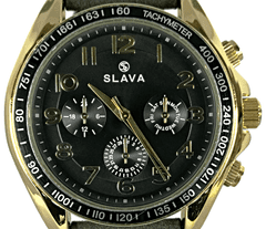 Slava Time Pánské zlato-černé elegantní hodinky SLAVA s velkým ciferníkem SLAVA 10151