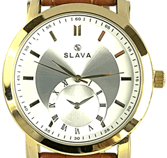 Slava Time Pánské hnědo-zlaté hodinky SLAVA se dvěma ciferníky SLAVA 10098