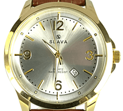 Slava Time Pánské zlato-hnědé elegantní hodinky SLAVA se stříbrným ciferníkem SLAVA 10097