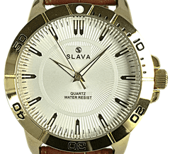 Slava Time Pánské zlato-hnědé hodinky SLAVA s bílým ciferníkem SLAVA 10094